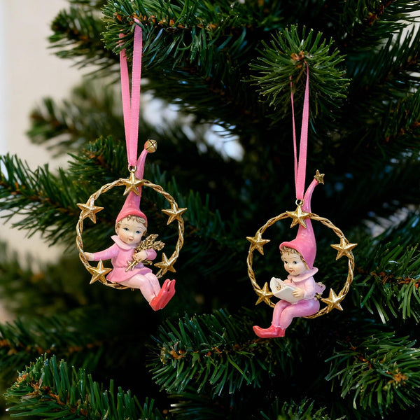 Set of 2 Pink Elf Christmas Ornaments – Star Wreath Tree Hanging Decorations