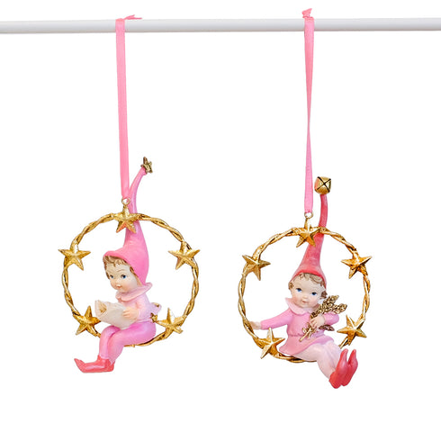 Set of 2 Pink Elf Christmas Ornaments – Star Wreath Tree Hanging Decorations