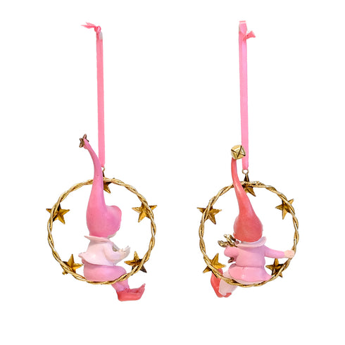 Set of 2 Pink Elf Christmas Ornaments – Star Wreath Tree Hanging Decorations