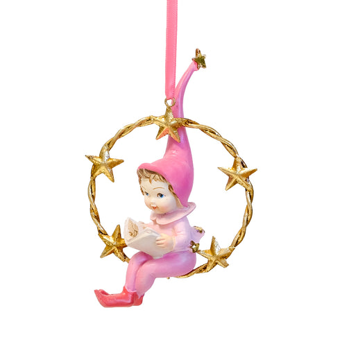 Set of 2 Pink Elf Christmas Ornaments – Star Wreath Tree Hanging Decorations