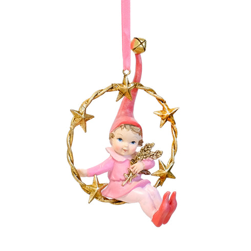 Set of 2 Pink Elf Christmas Ornaments – Star Wreath Tree Hanging Decorations