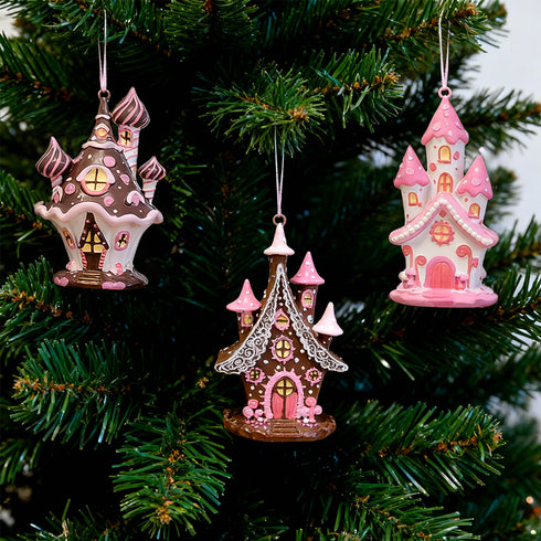 Set of 3 Gingerbread House Christmas Ornaments – Tree Hanging or Tabletop Decor Set