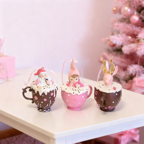Set of 3 Teacup Christmas Ornaments – Hanging Tree Decorations or Tabletop Display
