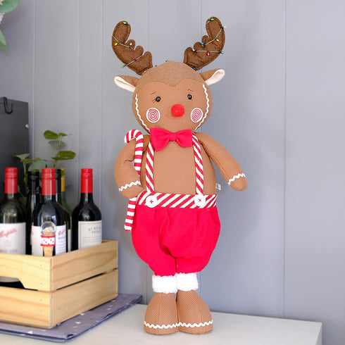 66cm Standing Reindeer Christmas Decoration – Festive Fabric Decor with Candy Cane
