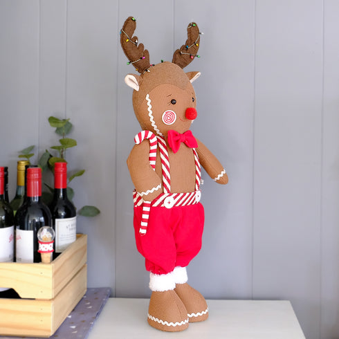 66cm Standing Reindeer Christmas Decoration – Festive Fabric Decor with Candy Cane