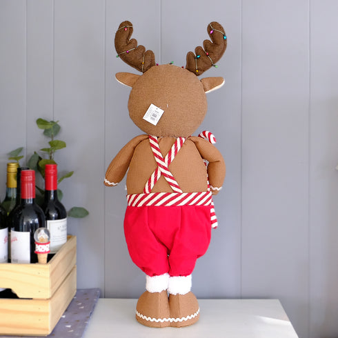 66cm Standing Reindeer Christmas Decoration – Festive Fabric Decor with Candy Cane