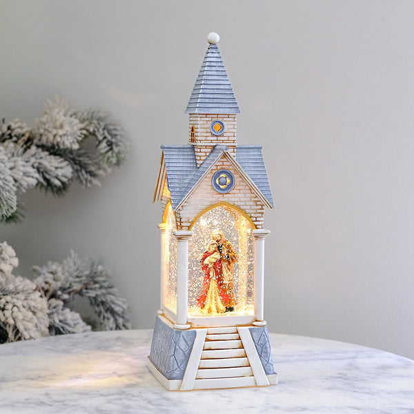 Lighted Church Christmas Lantern with Holy Family Swirling Glitter & Warm LED Lights