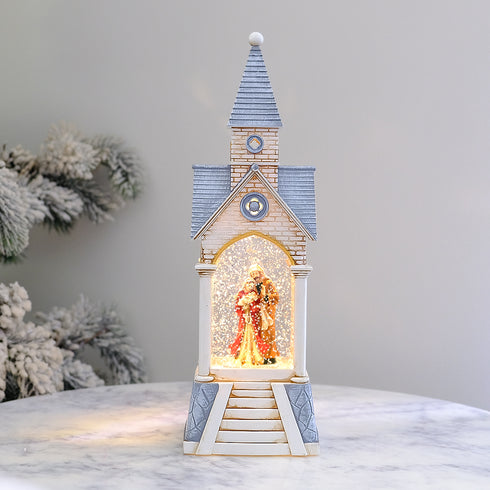 Lighted Church Christmas Lantern with Holy Family Swirling Glitter & Warm LED Lights