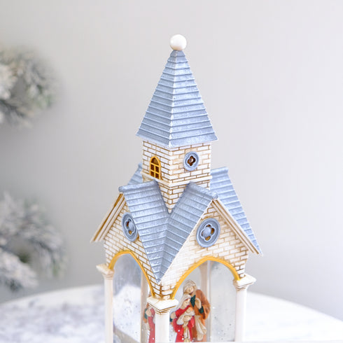 Lighted Church Christmas Lantern with Holy Family Swirling Glitter & Warm LED Lights