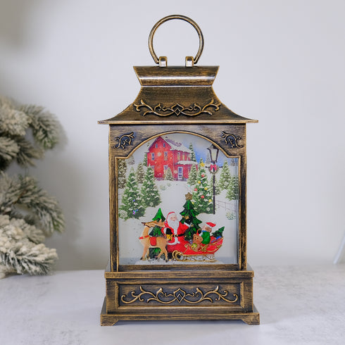 Santa In A Sleigh Musical Christmas Lantern with Swirling Confetti LED Lights