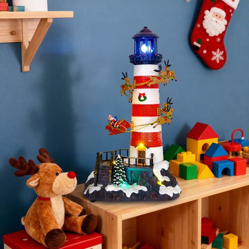 Animated Christmas Lighthouse with Rotating Santa & Reindeer Sleigh