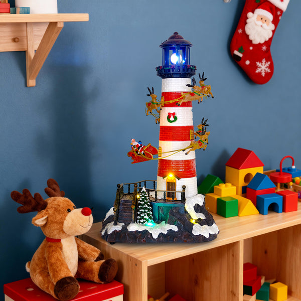 Animated Christmas Lighthouse with Rotating Santa & Reindeer Sleigh