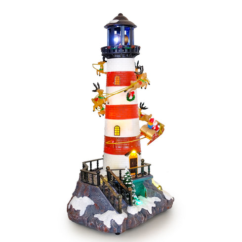 Animated Christmas Lighthouse with Rotating Santa & Reindeer Sleigh