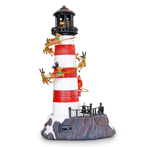 Animated Christmas Lighthouse with Rotating Santa & Reindeer Sleigh