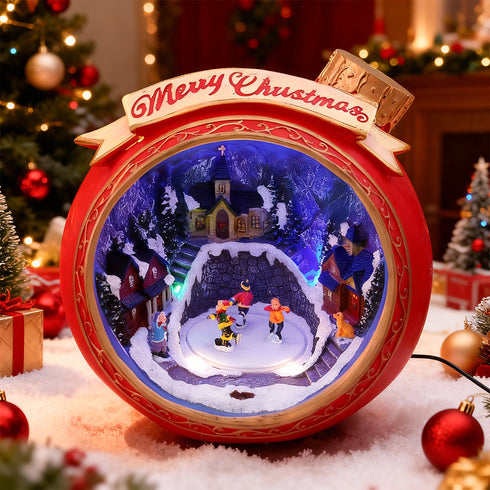 Large Animated Christmas Resin Bauble Village with Spinning Ice Skaters LED Lighted With Music