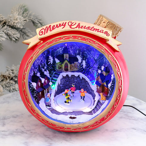 Animated Christmas Bauble with Turning Skaters, LED Lights & Music