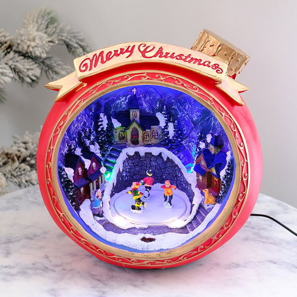 Animated Christmas Bauble with Turning Skaters, LED Lights & Music