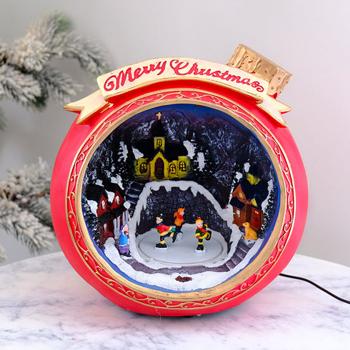 Large Animated Christmas Resin Bauble Village with Spinning Ice Skaters LED Lighted With Music