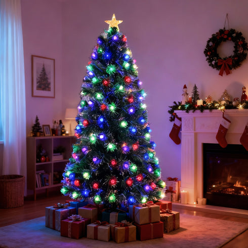 Pre-lit Fibre Optic Green Christmas Tree with Frosted Bulbs & 5-Mode Multicolour LED Lights
