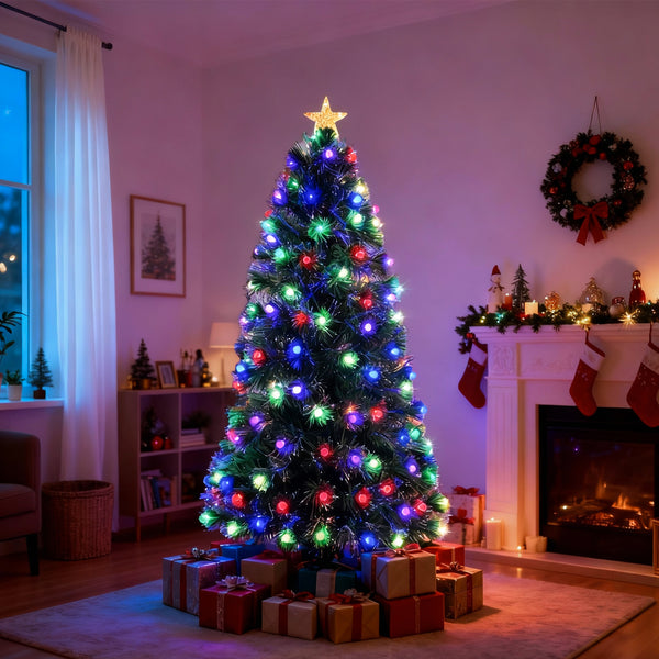 Pre-lit Fibre Optic Green Christmas Tree with Frosted Bulbs & 5-Mode Multicolour LED Lights