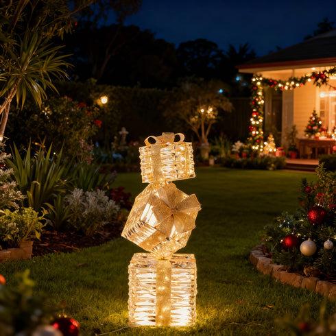 72cm Light Up 3pcs Gold Stacked Gift Boxes Indoor / Outdoor Christmas Lights with Auto Timer
