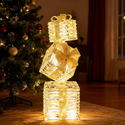 72cm Light Up 3pcs Gold Stacked Gift Boxes Indoor / Outdoor Christmas Lights with Auto Timer