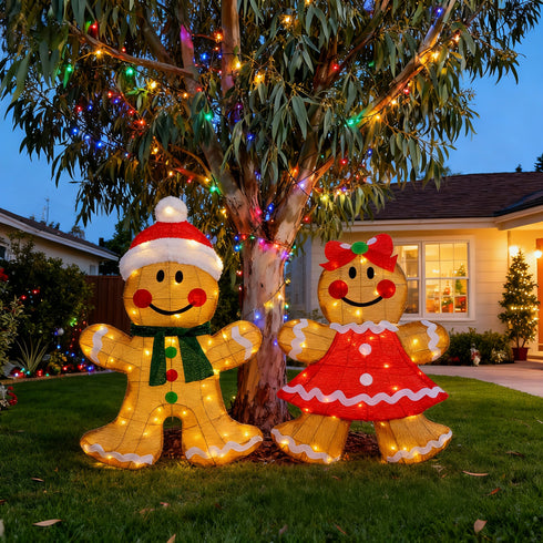 92CM Gingerbread Couple Set Half 3D Christmas Lights With Auto Timer Warm White Outdoor / Indoor Wall or Standing Display