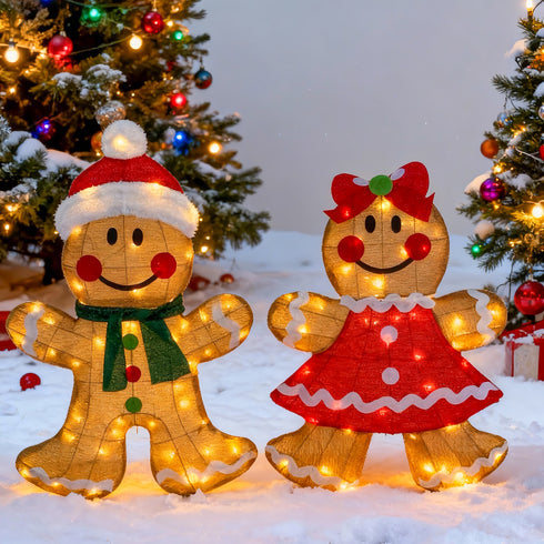 92CM Gingerbread Couple Set Half 3D Christmas Lights With Auto Timer Warm White Outdoor / Indoor Wall or Standing Display