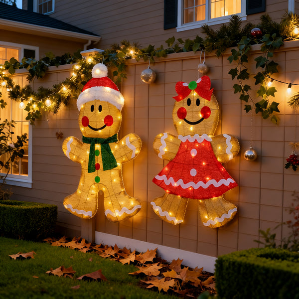 92CM Gingerbread Couple Set Half 3D Christmas Lights With Auto Timer Warm White Outdoor / Indoor Wall or Standing Display