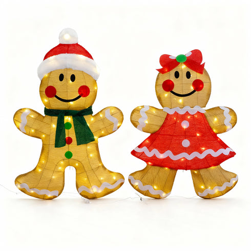 92CM Gingerbread Couple Set Half 3D Christmas Lights With Auto Timer Warm White Outdoor / Indoor Wall or Standing Display
