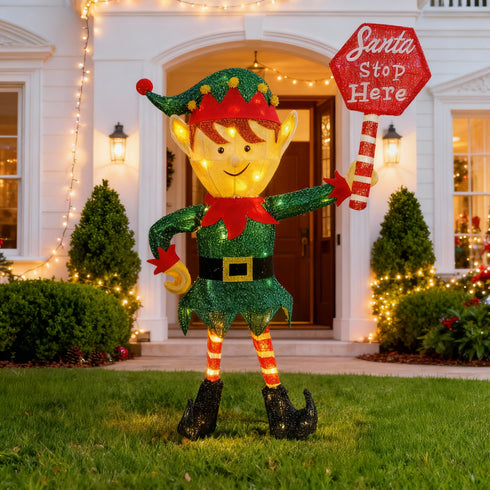 93cm 3D Light Up Christmas Elf Light with “Santa Stop Here” Sign With Auto Timer Warm White Outdoor / Indoor Standing Display