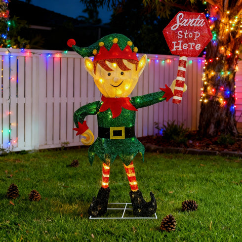 93cm 3D Light Up Christmas Elf Light with “Santa Stop Here” Sign With Auto Timer Warm White Outdoor / Indoor Standing Display