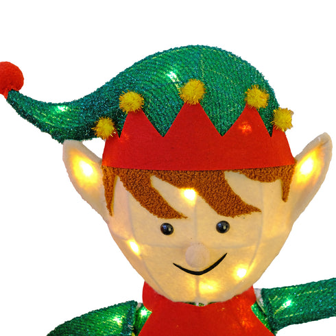 93cm 3D Light Up Christmas Elf Light with “Santa Stop Here” Sign With Auto Timer Warm White Outdoor / Indoor Standing Display