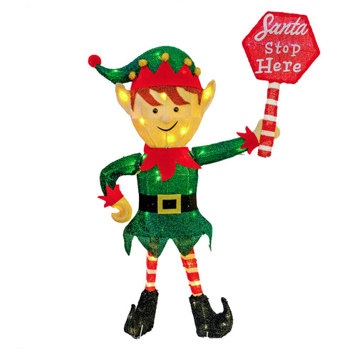 93cm 3D Light Up Christmas Elf Light with “Santa Stop Here” Sign With Auto Timer Warm White Outdoor / Indoor Standing Display