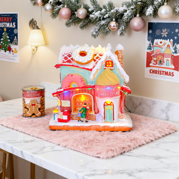 Animated Christmas Bakery House with Rotating Roof Donut With Music & LED Lights