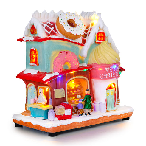 Animated Christmas Bakery House with Rotating Roof Donut With Music & LED Lights