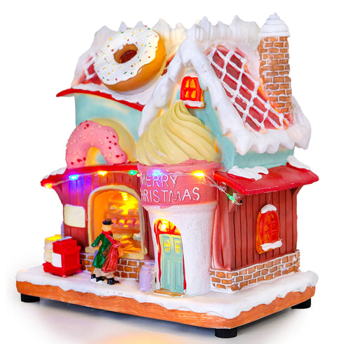 Animated Christmas Bakery House with Rotating Roof Donut With Music & LED Lights