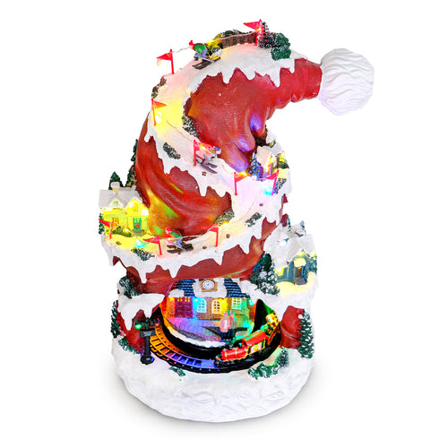 Animated Santa Hat Christmas Music Village with Rotating Train & LED Lights