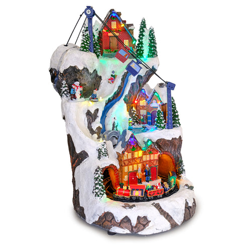 Animated Christmas Mountain Village with Moving Cable Car & Train