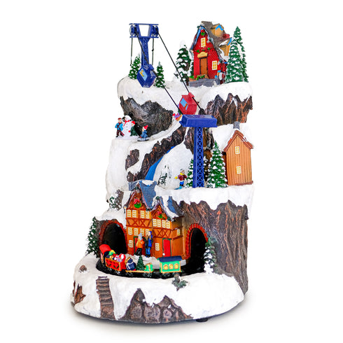 Animated Christmas Mountain Village with Moving Cable Car & Train