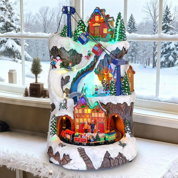 Animated Christmas Mountain Village with Moving Cable Car & Train