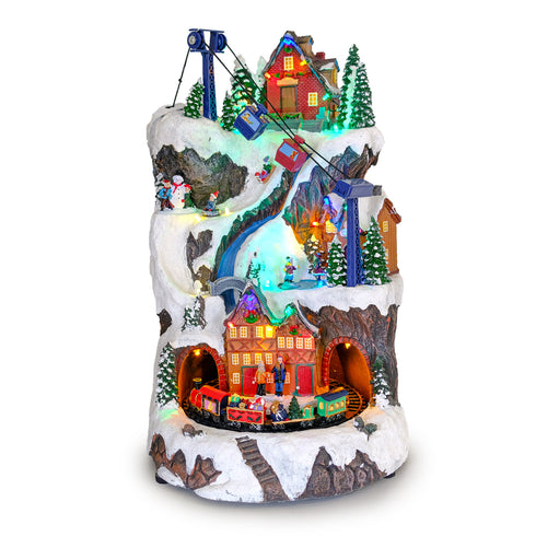 Animated Christmas Mountain Village with Moving Cable Car & Train
