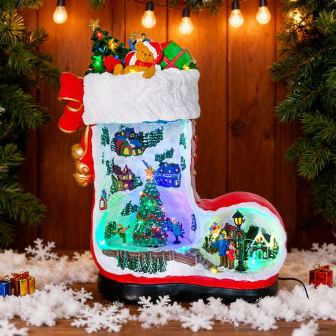 Collectible Design Animated Christmas Boot Village with Rotating Skiers and Flashing Lights