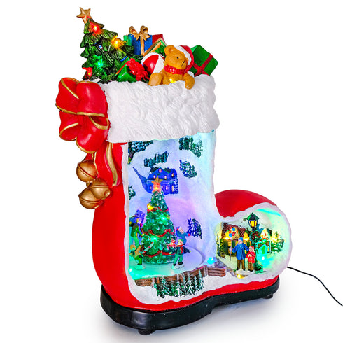 Collectible Design Animated Christmas Boot Village with Rotating Skiers and Flashing Lights