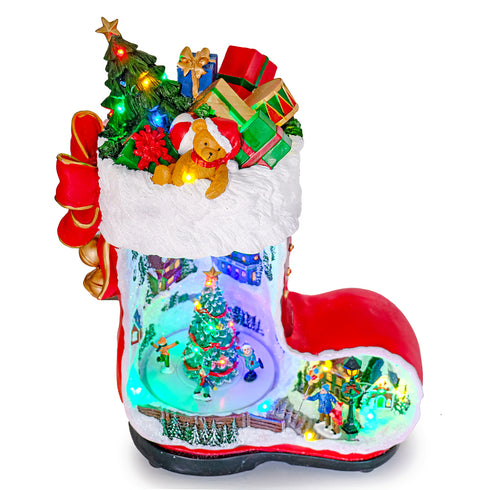 Collectible Design Animated Christmas Boot Village with Rotating Skiers and Flashing Lights