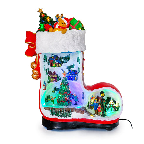 Collectible Design Animated Christmas Boot Village with Rotating Skiers and Flashing Lights