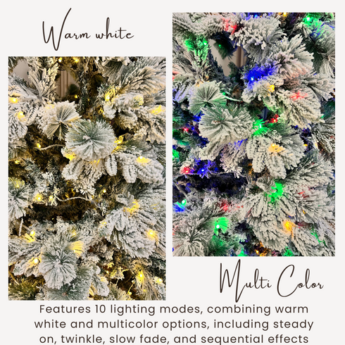 7.2ft 220CM Pre-Lit Adjustable LED Lights Snow Flocked Pine Christmas Tree with 8 Lighting Modes