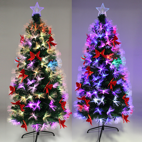Fibre Optic Christmas Tree with Red Bows & Colour-Changing Lights – Classic Green Pre-Lit Tree