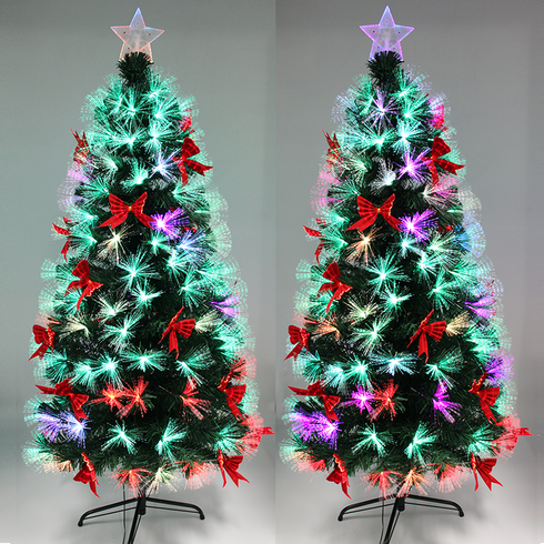 Fibre Optic Christmas Tree with Red Bows & Colour-Changing Lights – Classic Green Pre-Lit Tree