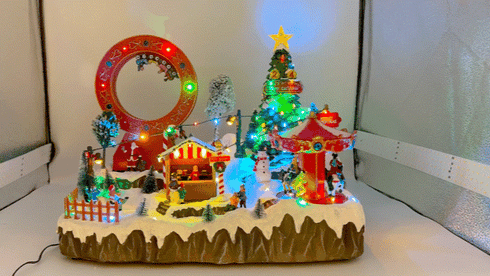 Large Christmas Village Winter Amusement Park with Roller Coaster Carousel
